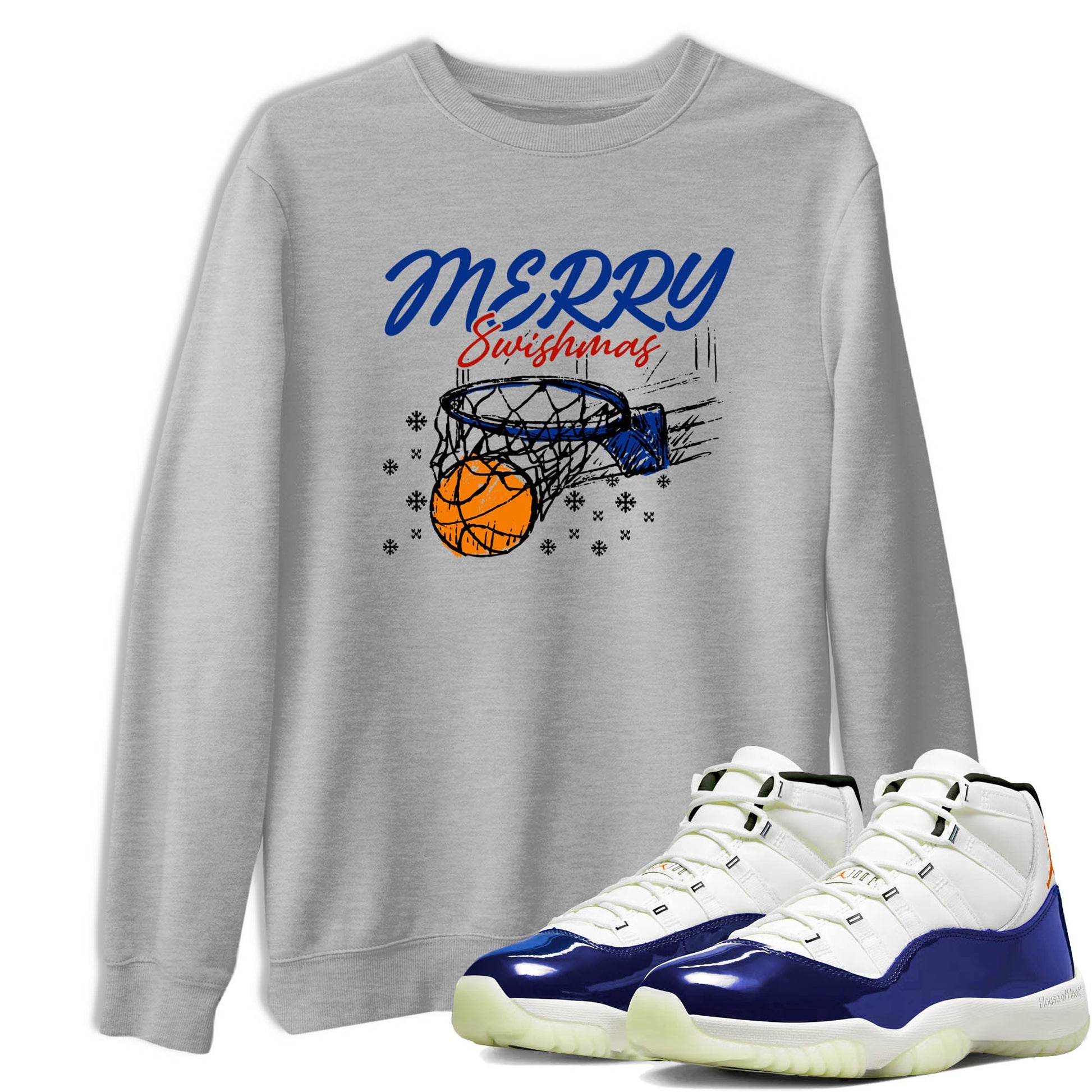 Sneaker Threads – Sneaker Tees To Match Air Jordan 11 Rare Air – Merry Swishmas Graphic Tee Heather Grey 1. Perfect for Jordan releases 2025 colorways.