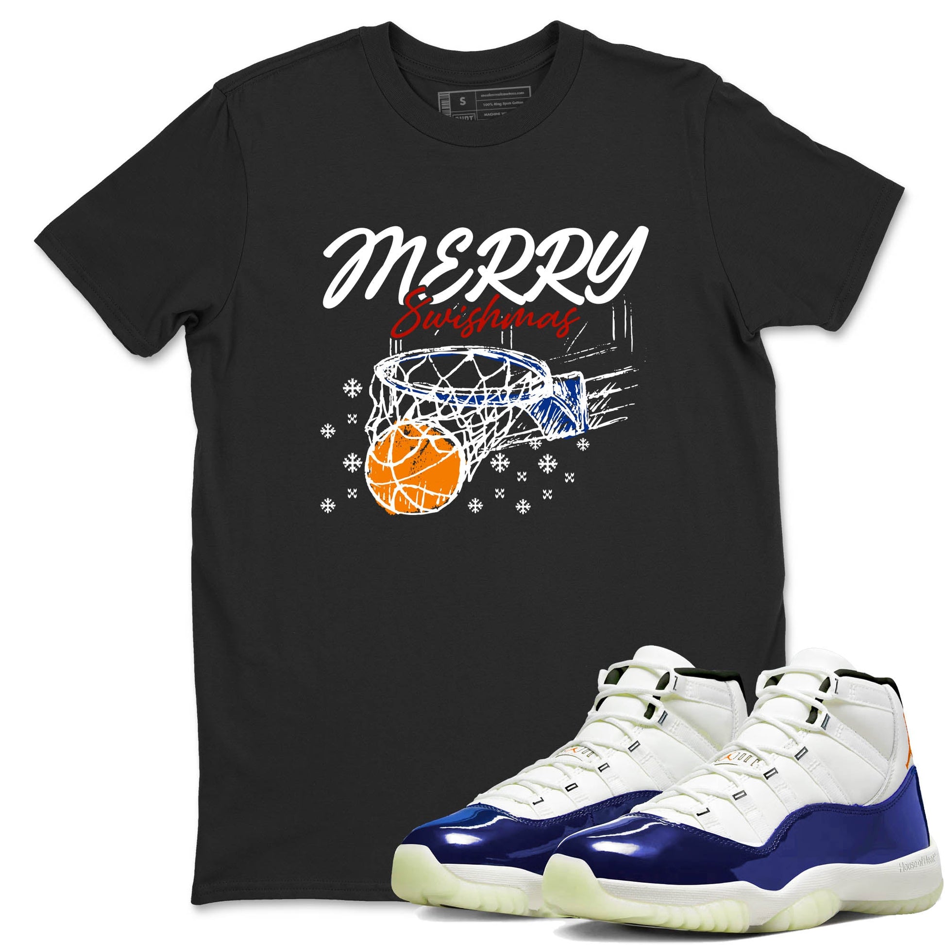 Sneaker Threads – Sneaker Tees To Match Air Jordan 11 Rare Air – Merry Swishmas Graphic Tee Black 1. Perfect for Jordan releases 2025 colorways.