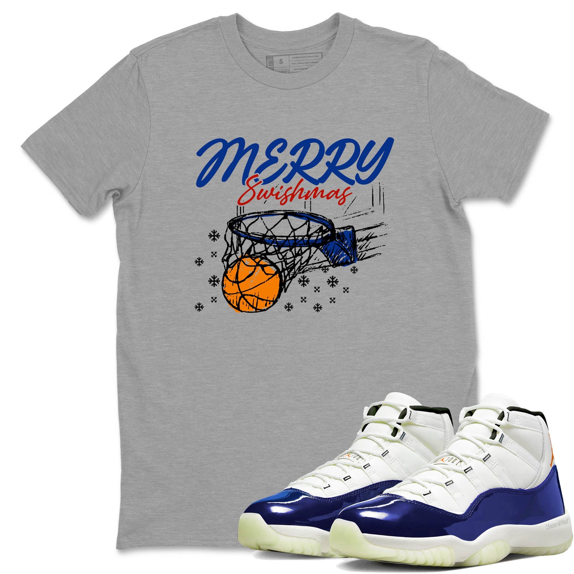 Sneaker Threads – Sneaker Tees To Match Air Jordan 11 Rare Air – Merry Swishmas Graphic Tee Heather Grey 1. Perfect for Jordan releases 2025 colorways.