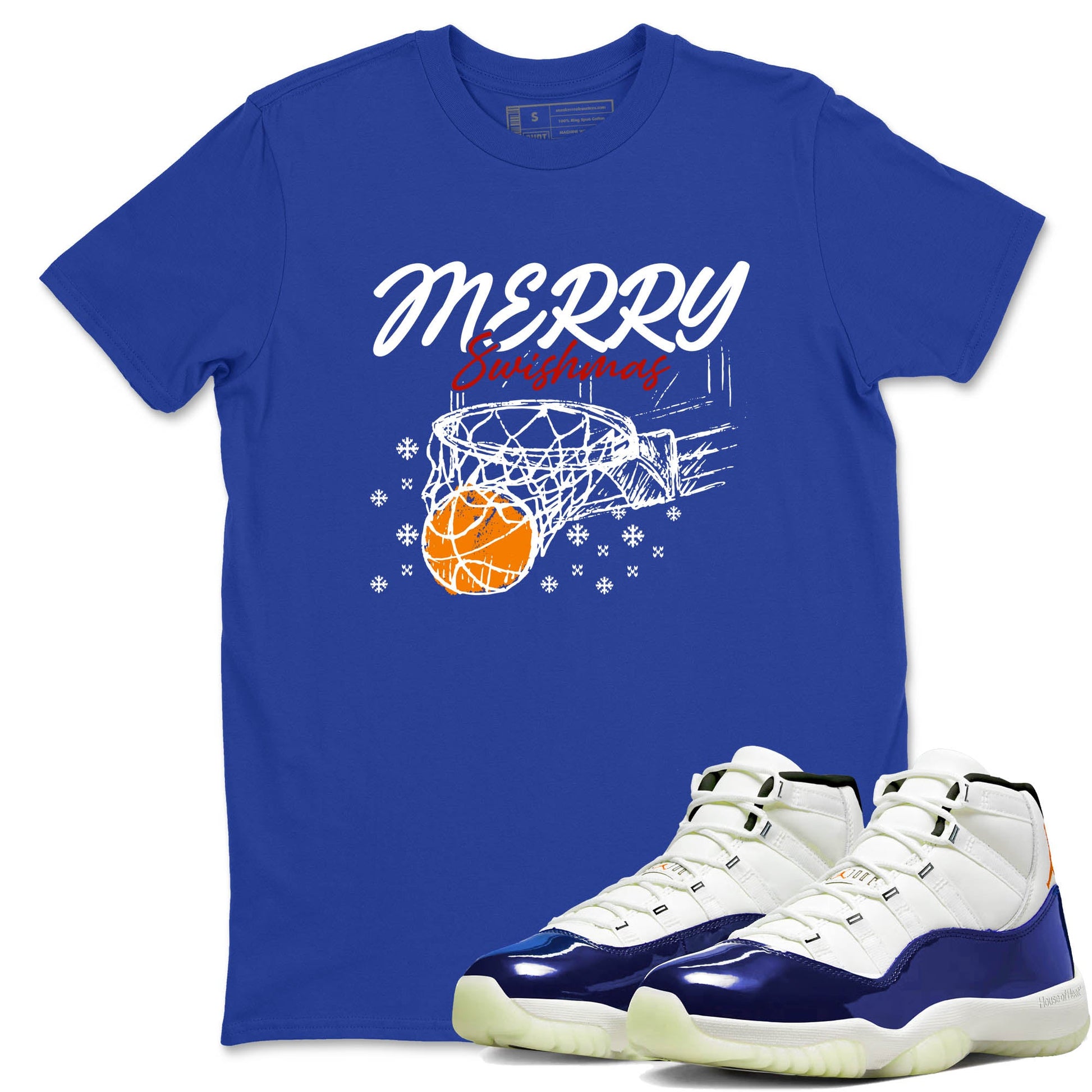 Sneaker Threads – Sneaker Tees To Match Air Jordan 11 Rare Air – Merry Swishmas Graphic Tee Royal Blue 1. Perfect for Jordan releases 2025 colorways.