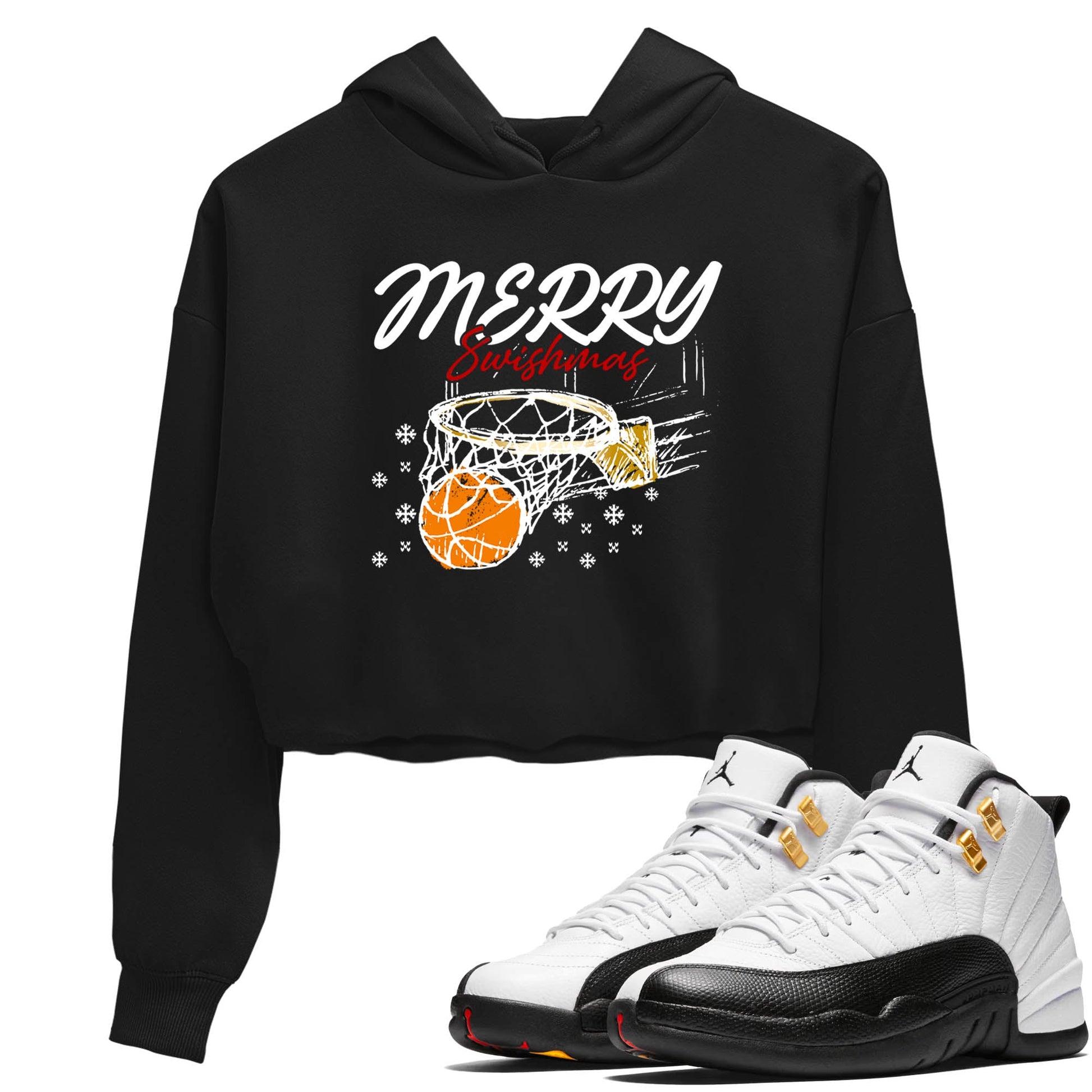 Sneaker Threads – Sneaker Tees To Match Air Jordan 12 Taxi – Merry Swishmas Crop Tee Black 1. Perfect for Jordan releases 2025 colorways.