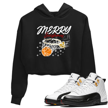 Sneaker Threads – Sneaker Tees To Match Air Jordan 12 Taxi – Merry Swishmas Crop Tee Black 1. Perfect for Jordan releases 2025 colorways.