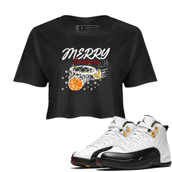 Sneaker Threads – Sneaker Tees To Match Air Jordan 12 Taxi – Merry Swishmas Crop Tee Black 1. Perfect for Jordan releases 2025 colorways.