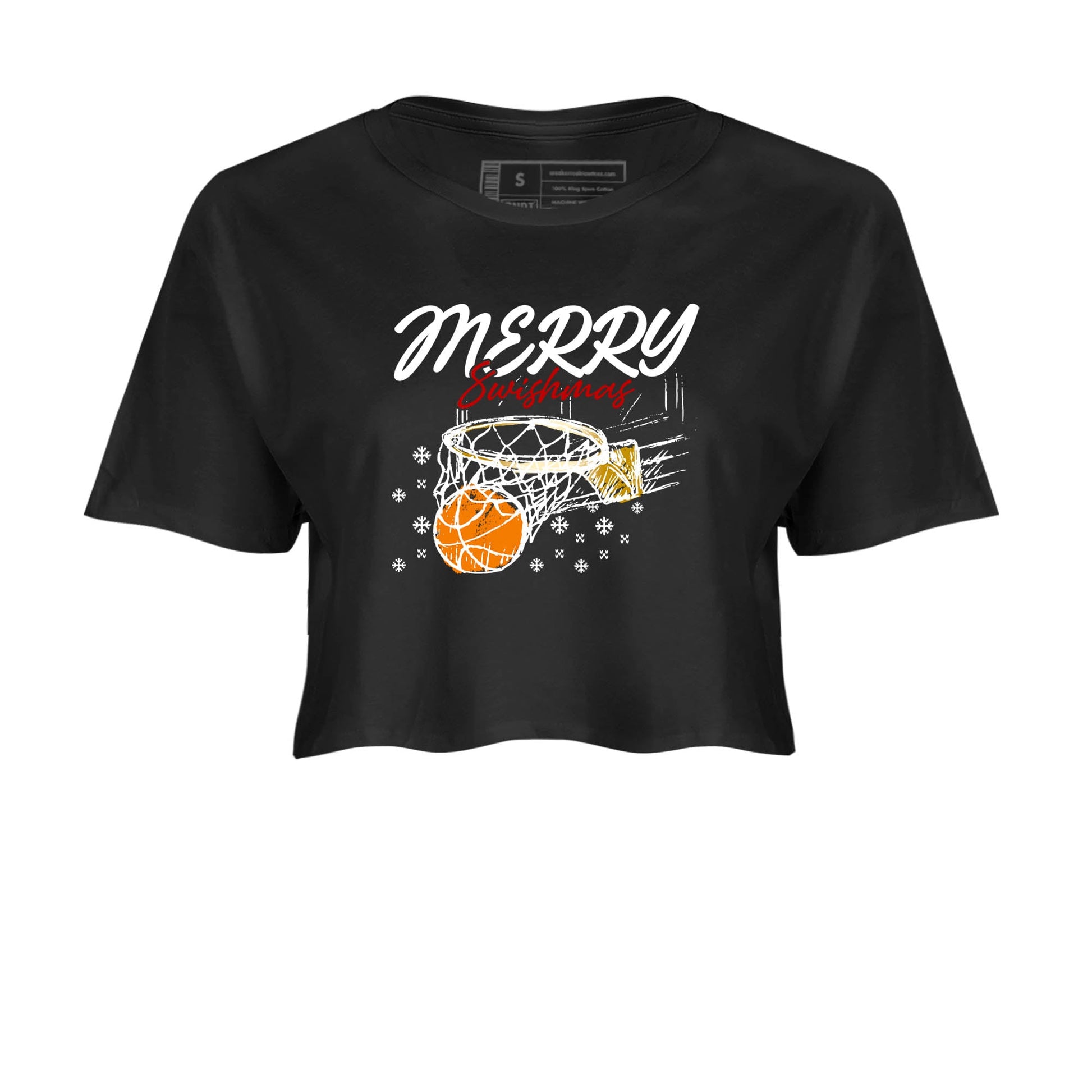 Sneaker Threads – Sneaker Tees To Match Air Jordan 12 Taxi – Merry Swishmas Crop Tee Black 2. Perfect for Jordan releases 2025 colorways.