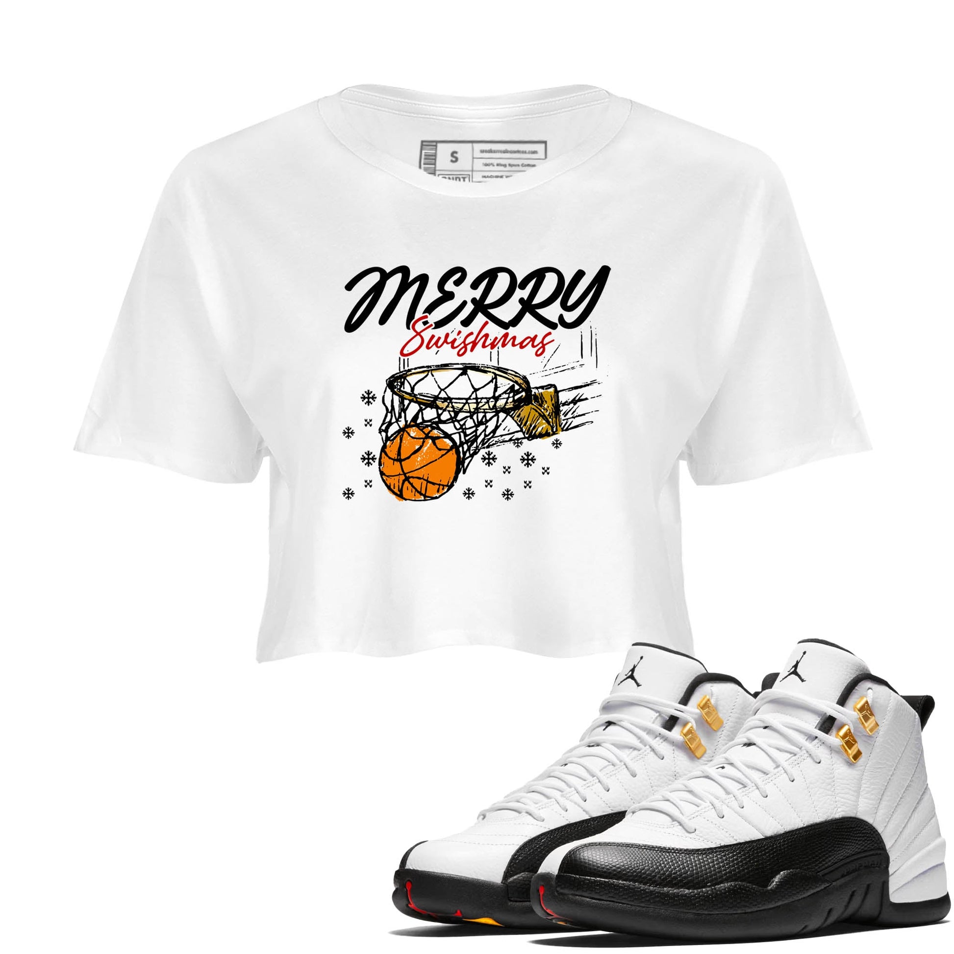Sneaker Threads – Sneaker Tees To Match Air Jordan 12 Taxi – Merry Swishmas Crop Tee White 1. Perfect for Jordan releases 2025 colorways.