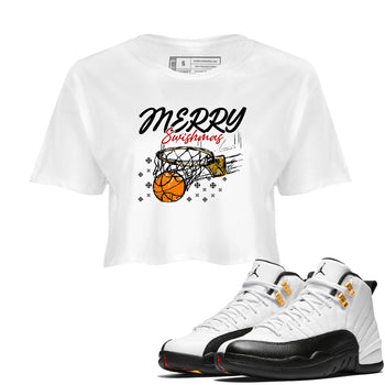 Sneaker Threads – Sneaker Tees To Match Air Jordan 12 Taxi – Merry Swishmas Crop Tee White 1. Perfect for Jordan releases 2025 colorways.