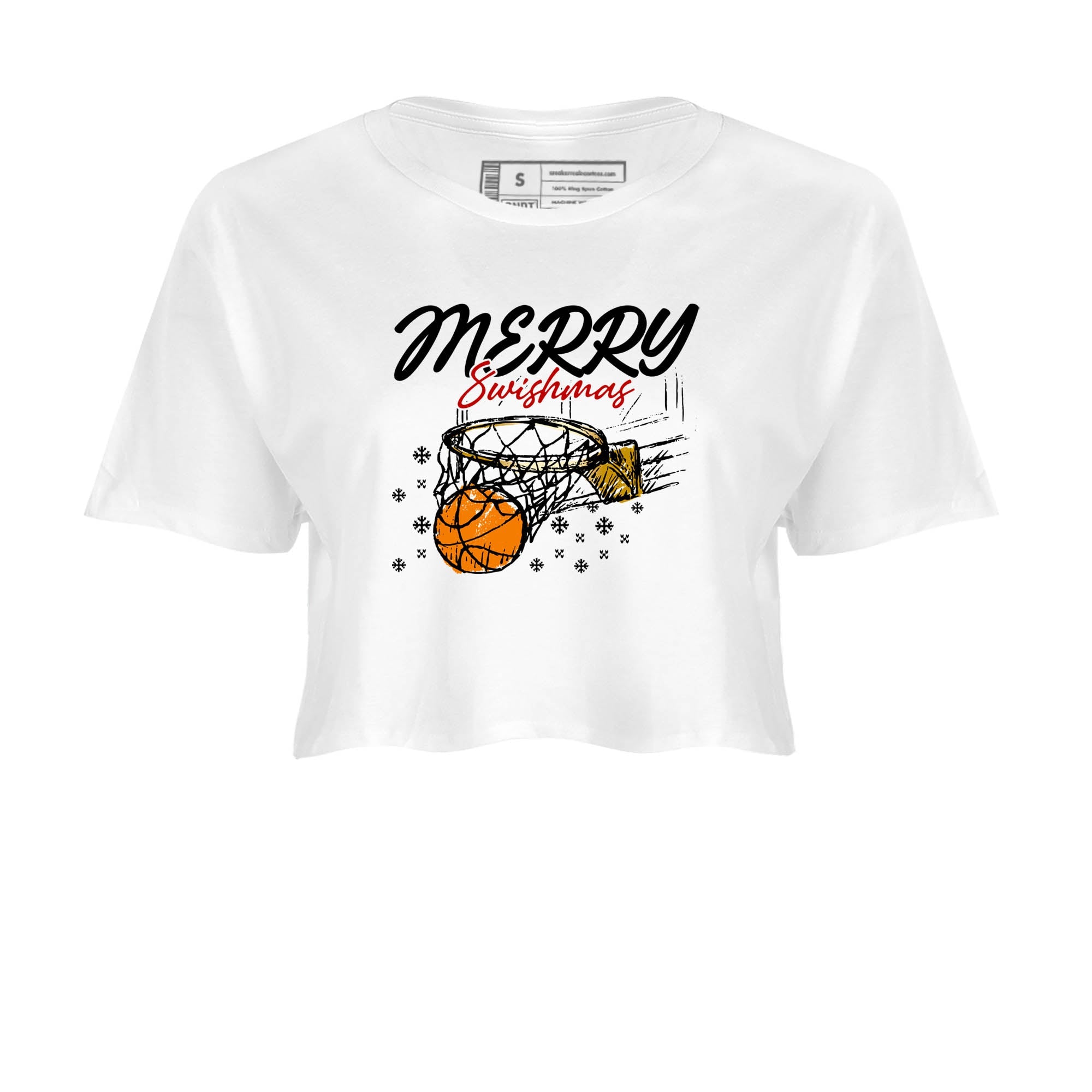 Sneaker Threads – Sneaker Tees To Match Air Jordan 12 Taxi – Merry Swishmas Crop Tee White 2. Perfect for Jordan releases 2025 colorways.