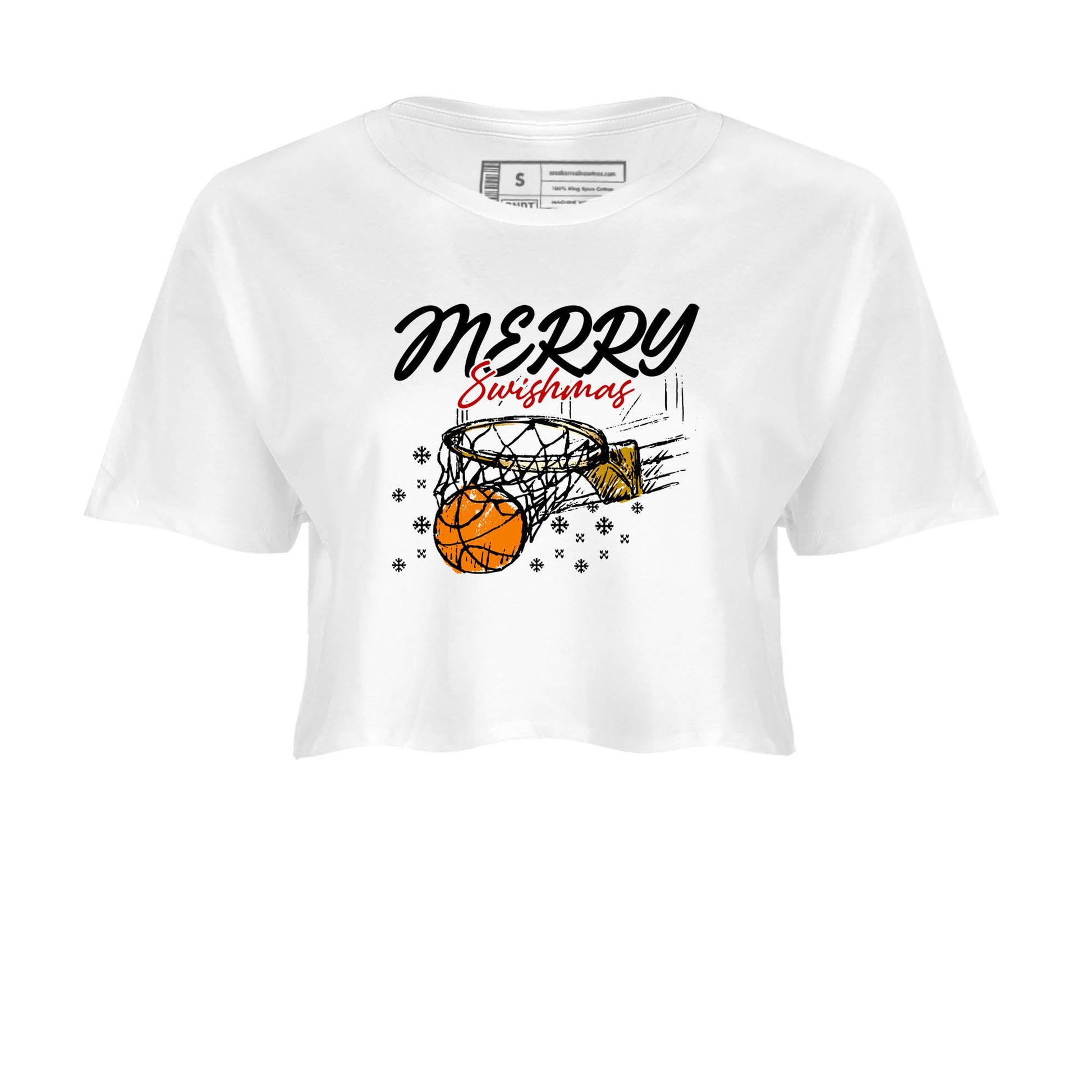 Sneaker Threads – Sneaker Tees To Match Air Jordan 12 Taxi – Merry Swishmas Crop Tee White 2. Perfect for Jordan releases 2025 colorways.