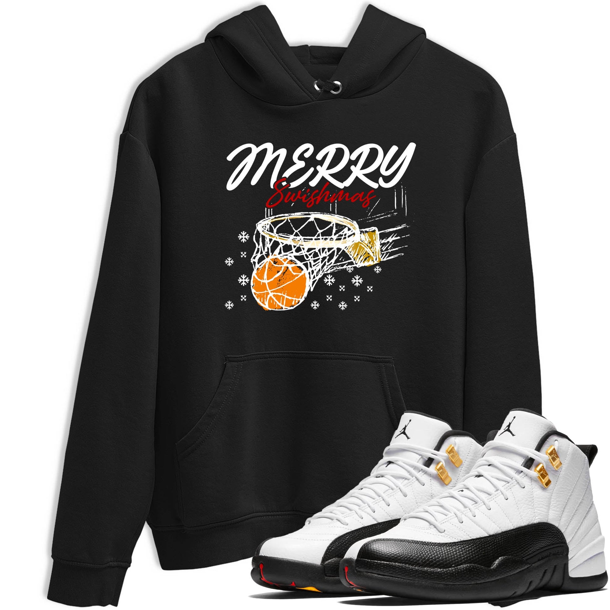 Sneaker Threads – Sneaker Tees To Match Air Jordan 12 Taxi – Merry Swishmas Graphic Tee Black 1. Perfect for Jordan releases 2025 colorways.