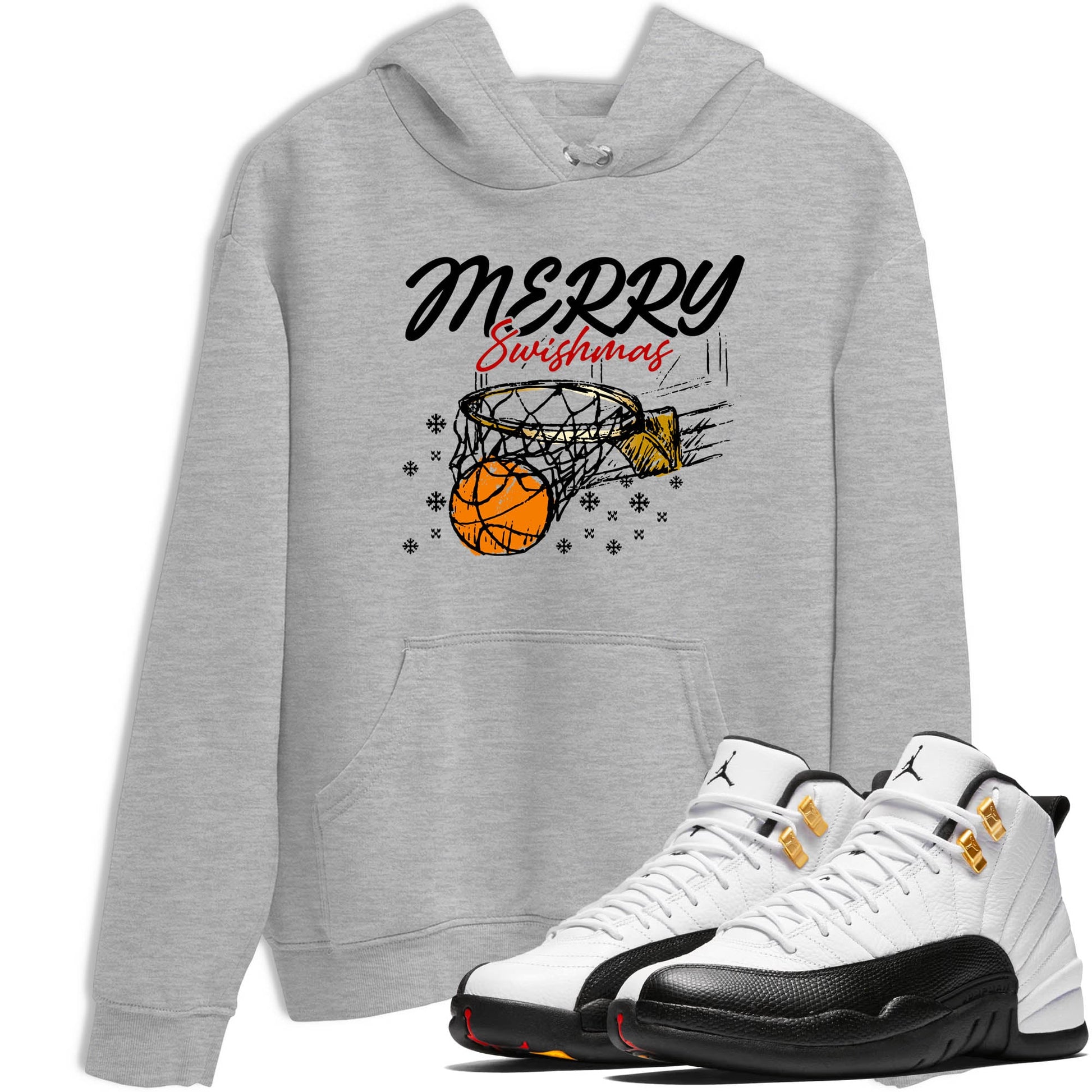 Sneaker Threads – Sneaker Tees To Match Air Jordan 12 Taxi – Merry Swishmas Graphic Tee Heather Grey 1. Perfect for Jordan releases 2025 colorways.