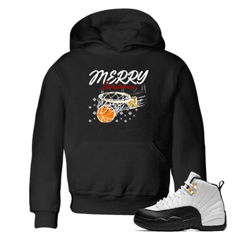 Sneaker Threads – Sneaker Tees To Match Air Jordan 12 Taxi – Merry Swishmas Youth Graphic Tee Black 1. Perfect for Jordan releases 2025 colorways.
