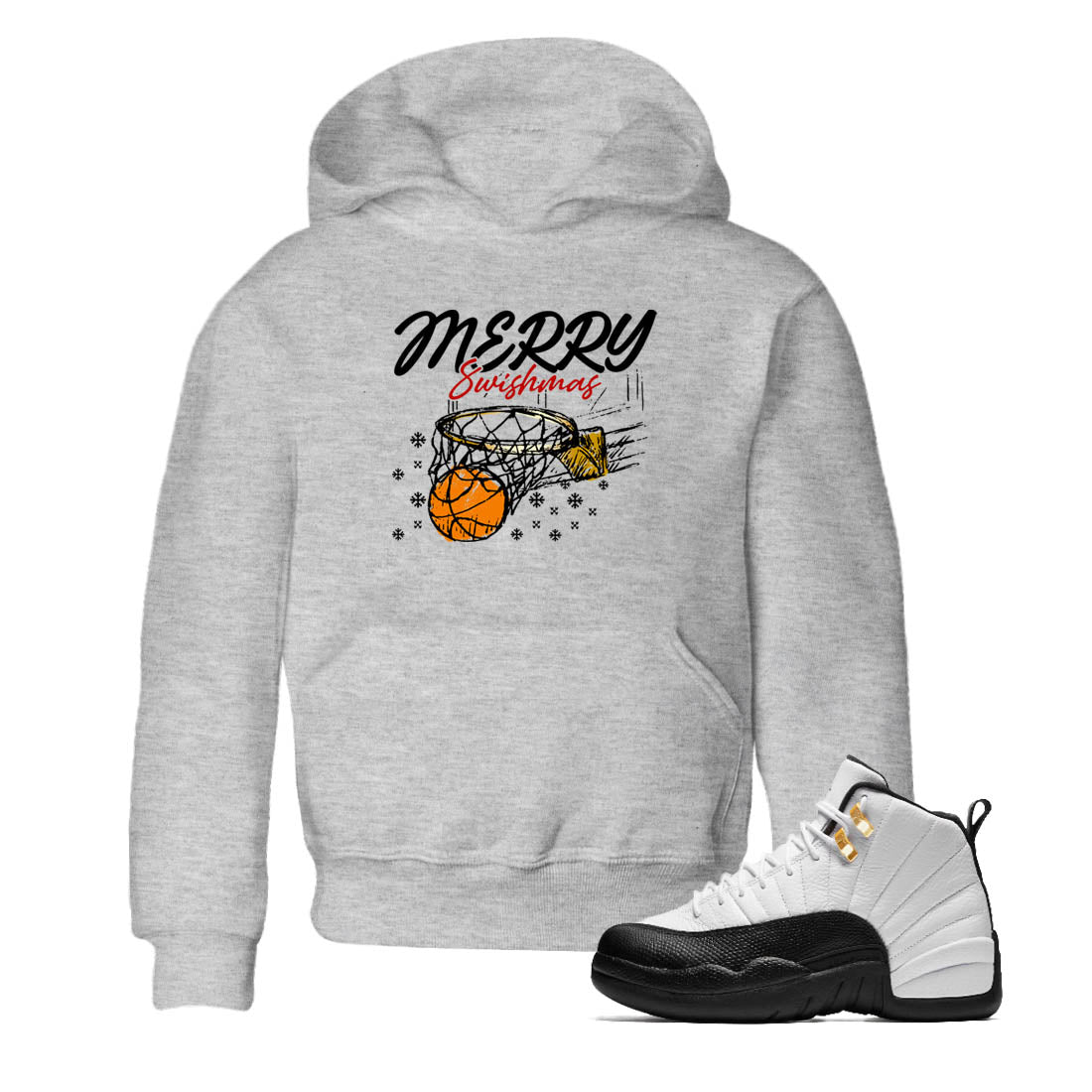Sneaker Threads – Sneaker Tees To Match Air Jordan 12 Taxi – Merry Swishmas Youth Graphic Tee Heather Grey 1. Perfect for Jordan releases 2025 colorways.