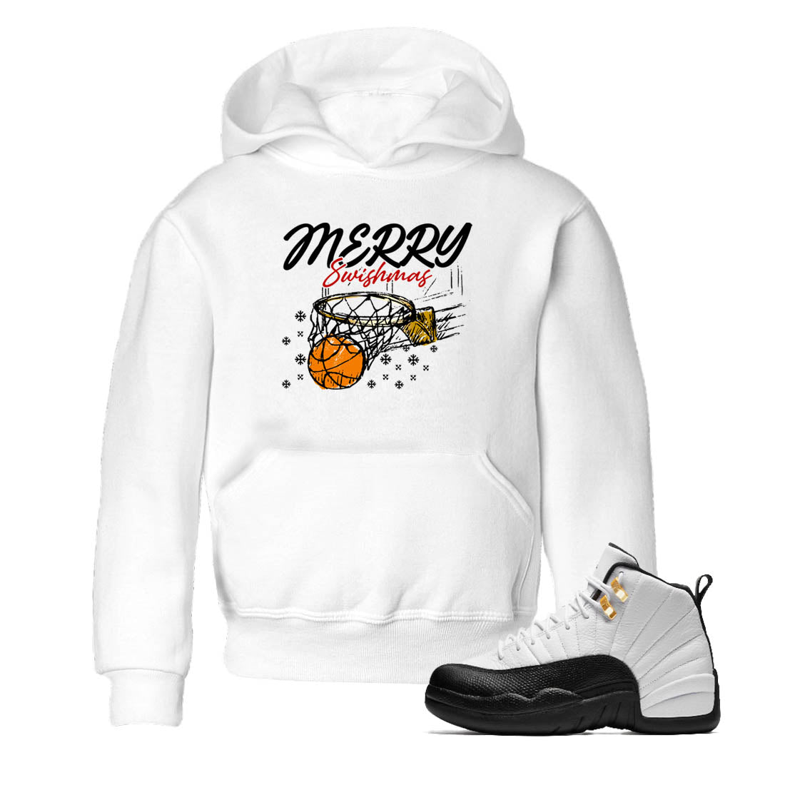 Sneaker Threads – Sneaker Tees To Match Air Jordan 12 Taxi – Merry Swishmas Youth Graphic Tee White 1. Perfect for Jordan releases 2025 colorways.