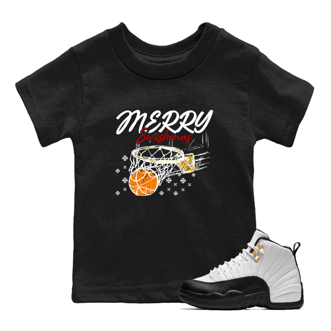 Sneaker Threads – Sneaker Tees To Match Air Jordan 12 Taxi – Merry Swishmas Youth Graphic Tee Black 1. Perfect for Jordan releases 2025 colorways.