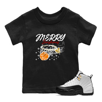 Sneaker Threads – Sneaker Tees To Match Air Jordan 12 Taxi – Merry Swishmas Youth Graphic Tee Black 1. Perfect for Jordan releases 2025 colorways.