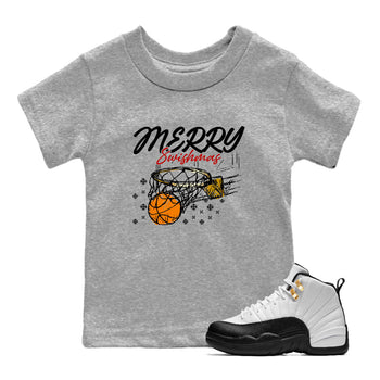 Sneaker Threads – Sneaker Tees To Match Air Jordan 12 Taxi – Merry Swishmas Youth Graphic Tee Heather Grey 1. Perfect for Jordan releases 2025 colorways.