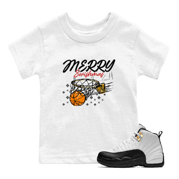 Sneaker Threads – Sneaker Tees To Match Air Jordan 12 Taxi – Merry Swishmas Youth Graphic Tee White 1. Perfect for Jordan releases 2025 colorways.