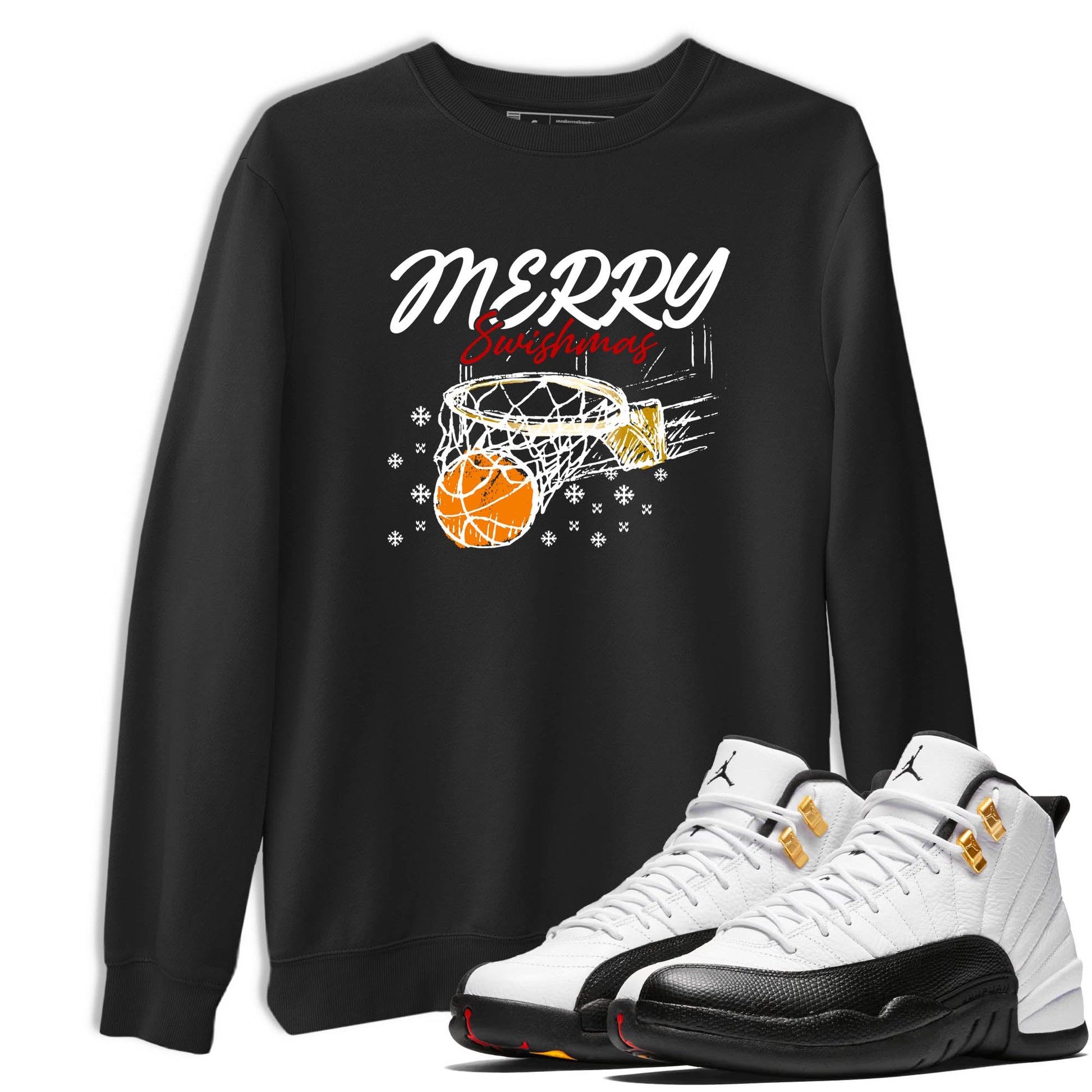 Sneaker Threads – Sneaker Tees To Match Air Jordan 12 Taxi – Merry Swishmas Graphic Tee Black 1. Perfect for Jordan releases 2025 colorways.