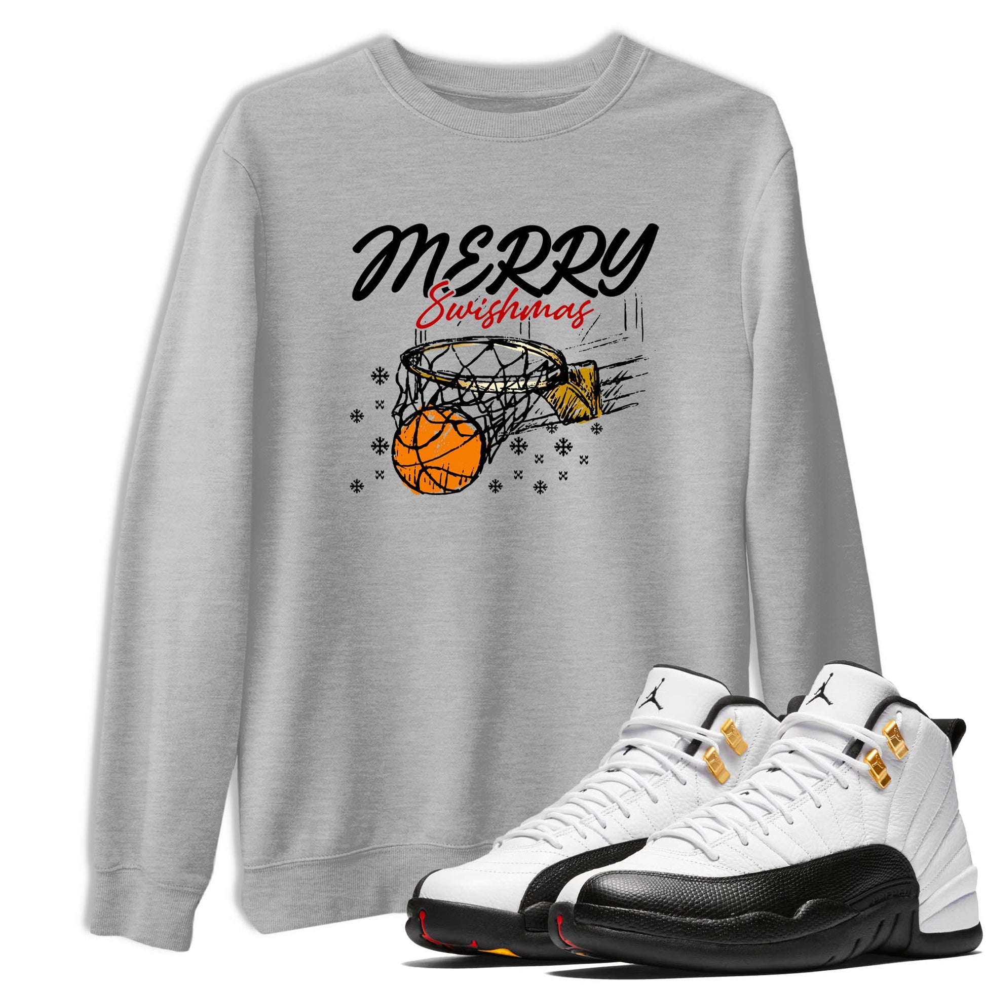 Sneaker Threads – Sneaker Tees To Match Air Jordan 12 Taxi – Merry Swishmas Graphic Tee Heather Grey 1. Perfect for Jordan releases 2025 colorways.