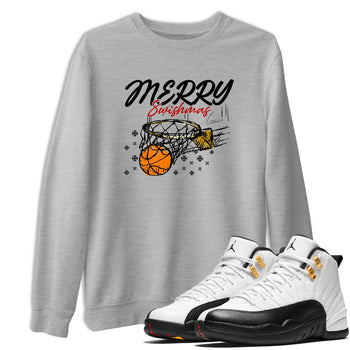 Sneaker Threads – Sneaker Tees To Match Air Jordan 12 Taxi – Merry Swishmas Graphic Tee Heather Grey 1. Perfect for Jordan releases 2025 colorways.