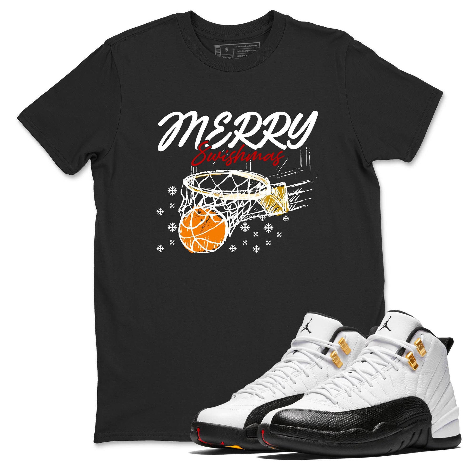 Sneaker Threads – Sneaker Tees To Match Air Jordan 12 Taxi – Merry Swishmas Graphic Tee Black 1. Perfect for Jordan releases 2025 colorways.