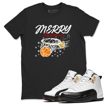 Sneaker Threads – Sneaker Tees To Match Air Jordan 12 Taxi – Merry Swishmas Graphic Tee Black 1. Perfect for Jordan releases 2025 colorways.