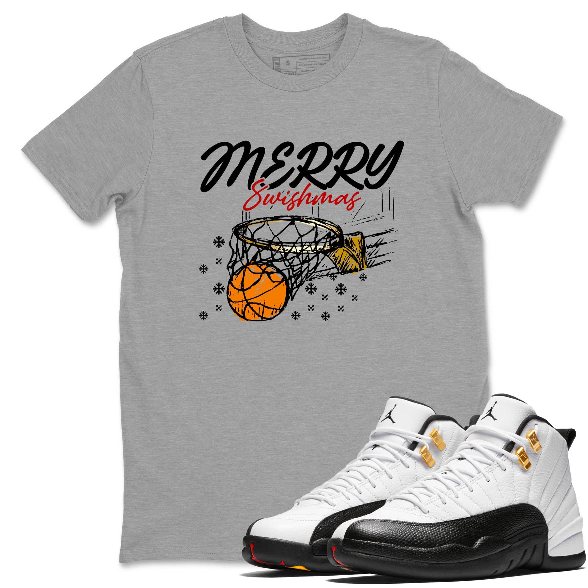 Sneaker Threads – Sneaker Tees To Match Air Jordan 12 Taxi – Merry Swishmas Graphic Tee Heather Grey 1. Perfect for Jordan releases 2025 colorways.