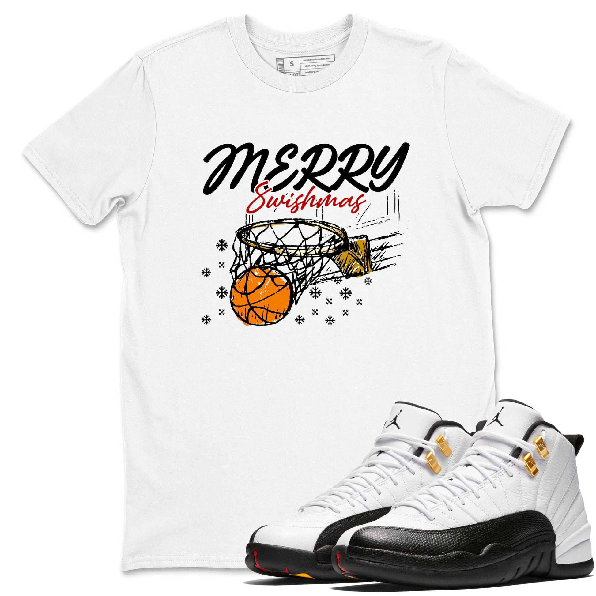 Sneaker Threads – Sneaker Tees To Match Air Jordan 12 Taxi – Merry Swishmas Graphic Tee White 1. Perfect for Jordan releases 2025 colorways.