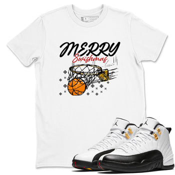 Sneaker Threads – Sneaker Tees To Match Air Jordan 12 Taxi – Merry Swishmas Graphic Tee White 1. Perfect for Jordan releases 2025 colorways.