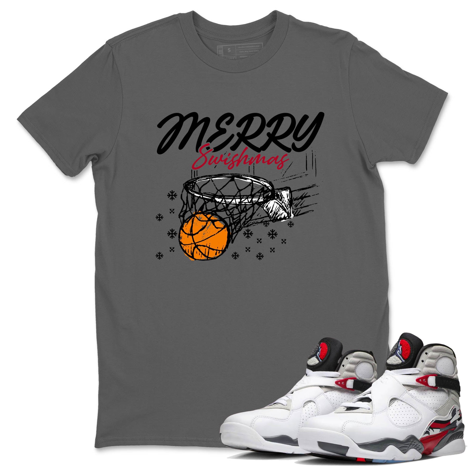 Sneaker Threads – Basketball Graphic T shirt Air Jordan 8 Bunny – Merry Swishmas Graphic Tee Cool Grey 1. Perfect for Jordan releases 2025 colorways.