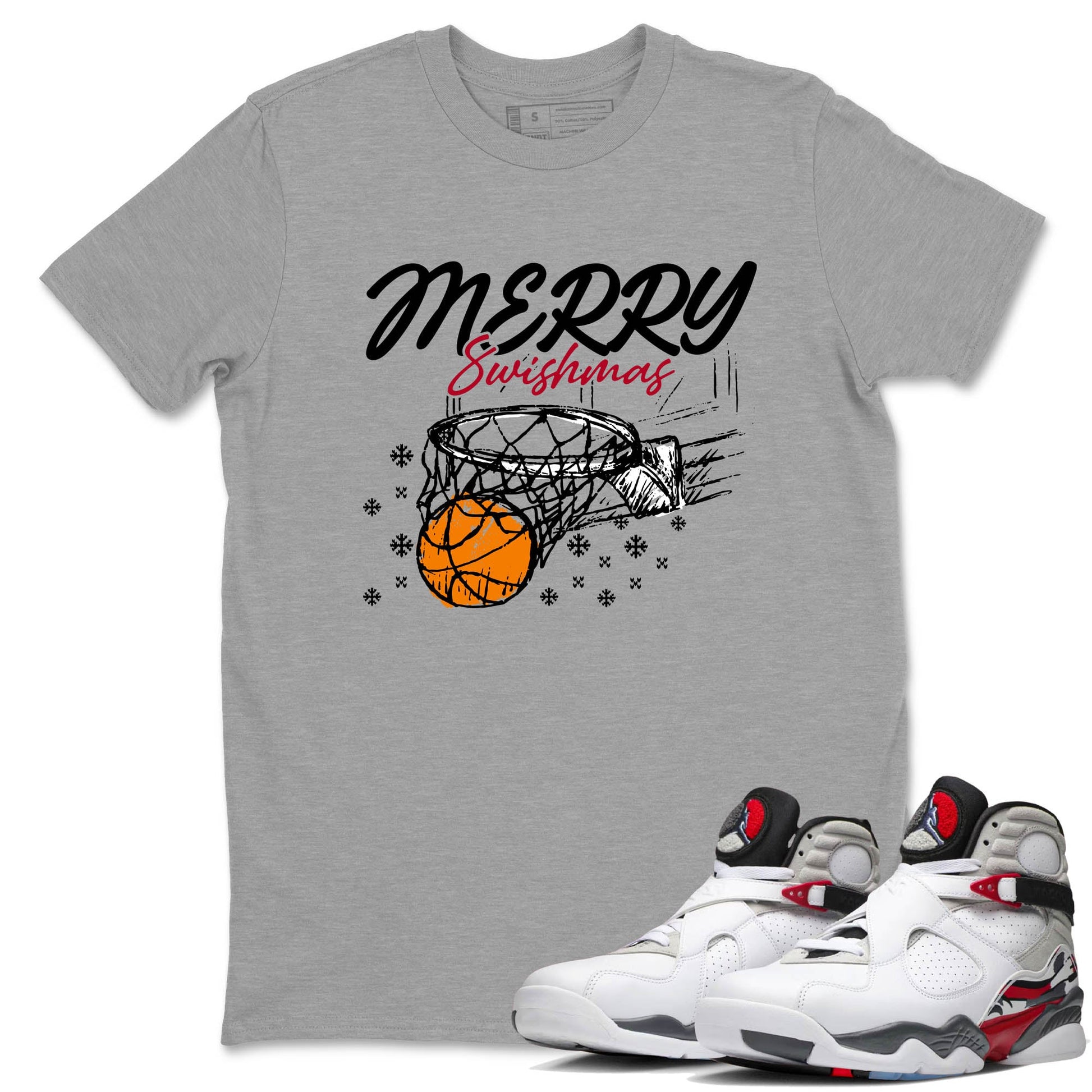 Sneaker Threads – Basketball Graphic T shirt Air Jordan 8 Bunny – Merry Swishmas Graphic Tee Heather Grey 1. Perfect for Jordan releases 2025 colorways.