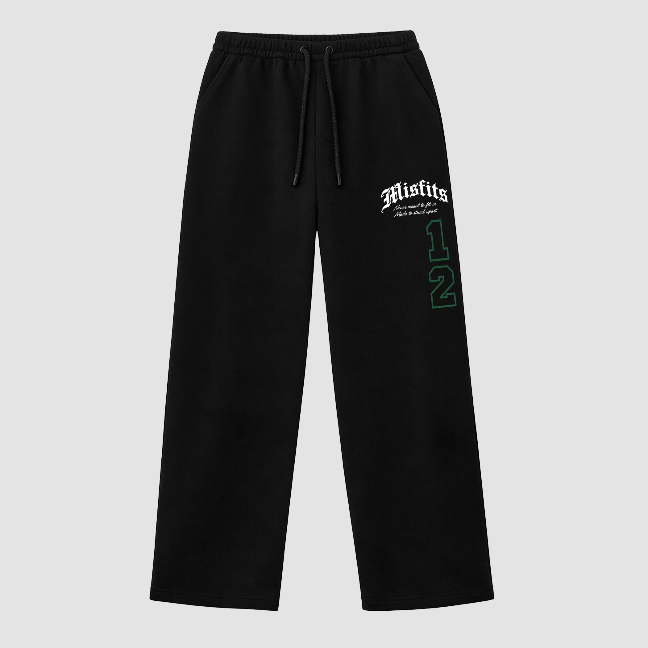 Misfits 12 graphic wide cut sweatpants designed to match the Air Jordan 12 Summit Green, featuring coordinated Black 1 options for a perfect streetwear vibe.