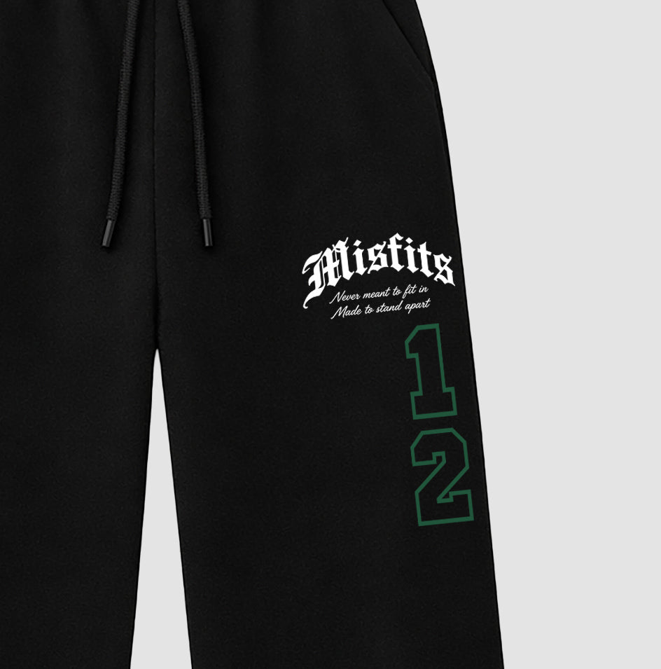 Misfits 12 graphic wide cut sweatpants designed to match the Air Jordan 12 Summit Green, featuring coordinated Black 2 options for a perfect streetwear vibe.