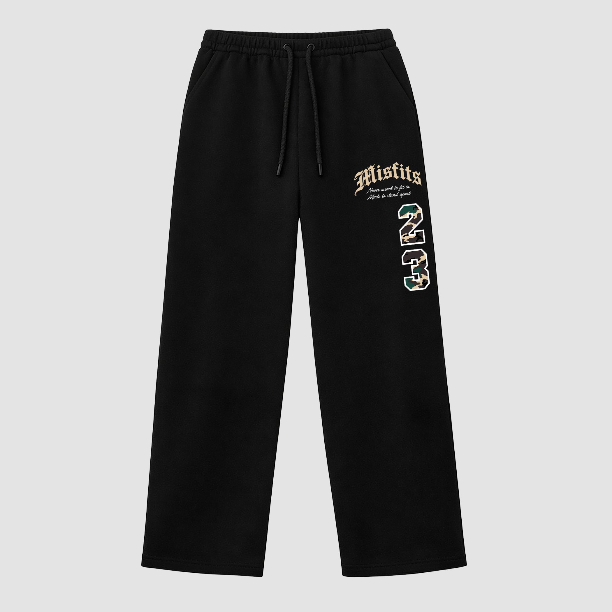 Misfits 23 graphic wide cut sweatpants designed to match the Air Foamposite Pro Green Camo, featuring coordinated Black 1 options for a perfect streetwear vibe.