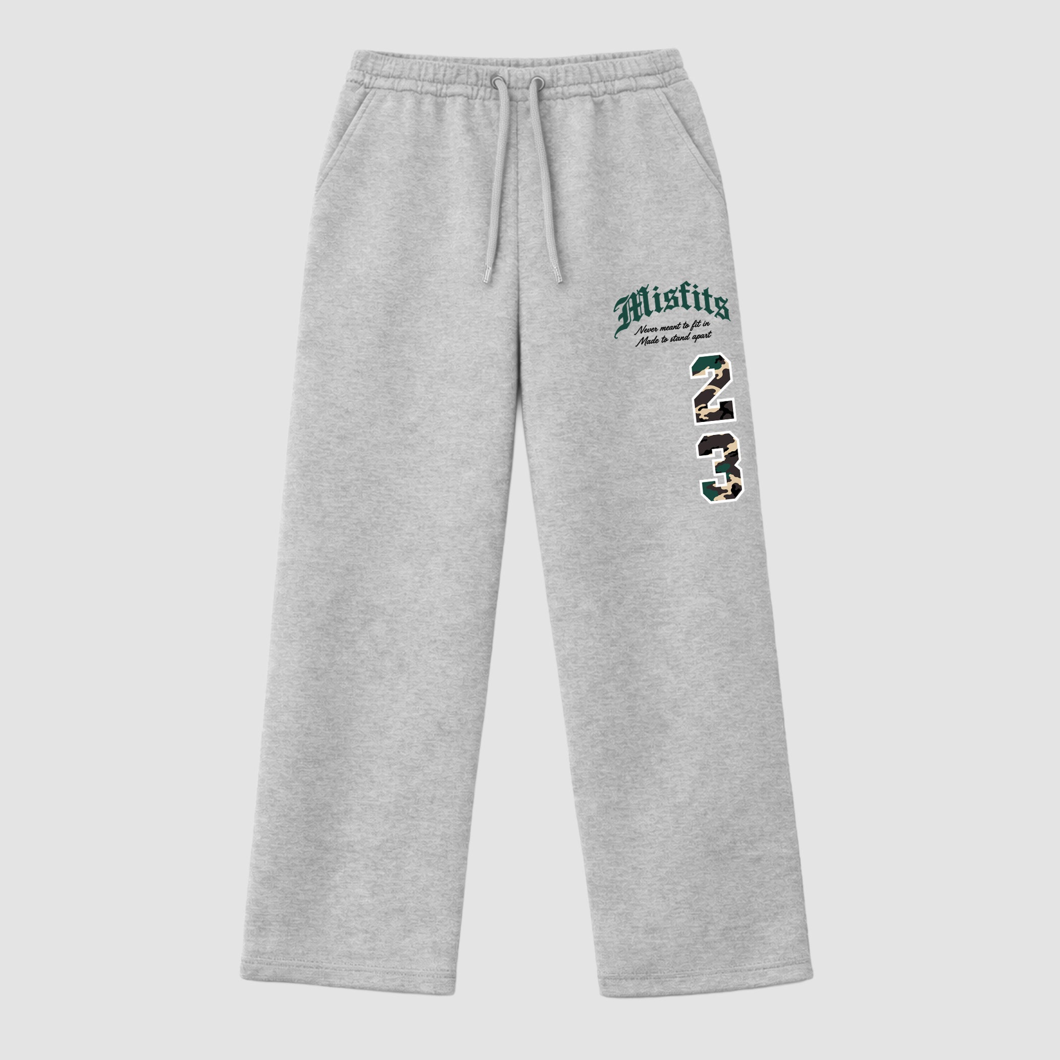 Misfits 23 graphic wide cut sweatpants designed to match the Air Foamposite Pro Green Camo, featuring coordinated Heather Grey 1 options for a perfect streetwear vibe.