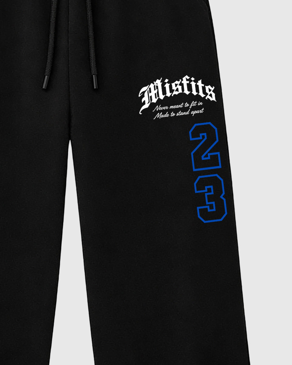 Misfits 23 graphic wide cut sweatpants designed to match the Air Jordan 1 Royal, featuring coordinated Black 2 options for a perfect streetwear vibe.