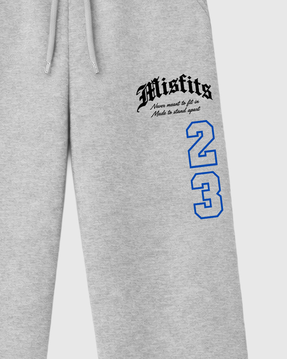 Misfits 23 graphic wide cut sweatpants designed to match the Air Jordan 1 Royal, featuring coordinated Heather Grey 2 options for a perfect streetwear vibe.