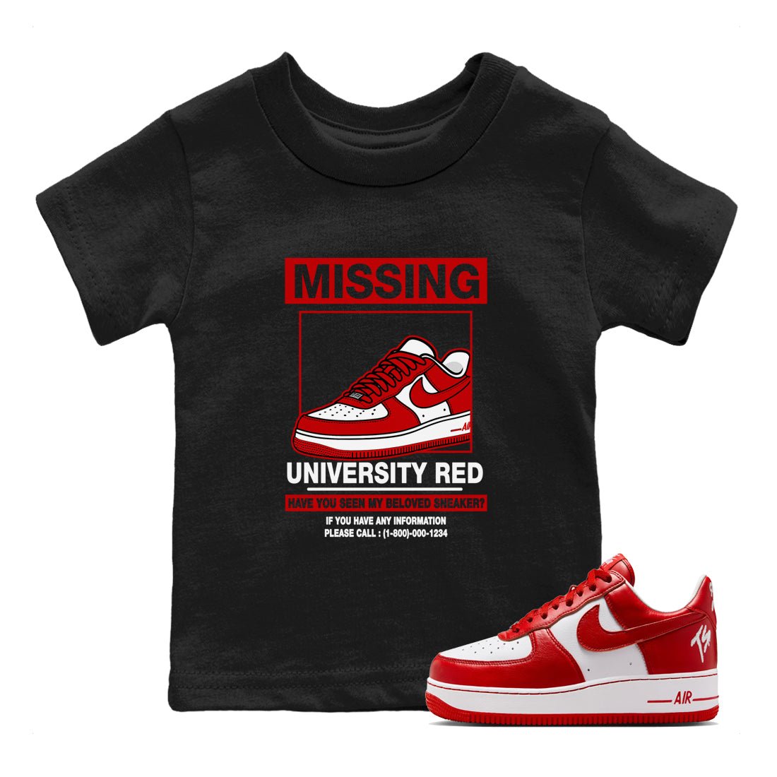 Missing Sneaker baby and kids t-shirt crafted for little sneakerheads to shine with the Air Force 1 University Red sneakers, displayed in Black 1.