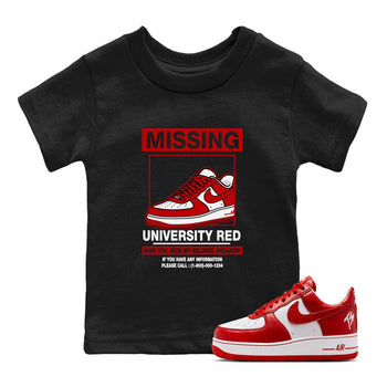 Missing Sneaker baby and kids t-shirt crafted for little sneakerheads to shine with the Air Force 1 University Red sneakers, displayed in Black 1.