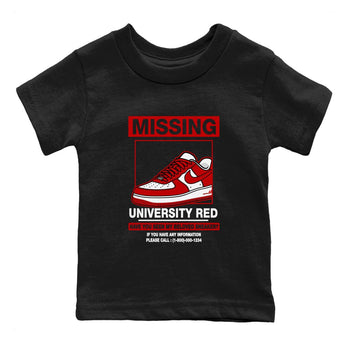 Missing Sneaker baby and kids t-shirt crafted for little sneakerheads to shine with the Air Force 1 University Red sneakers, displayed in Black 2.