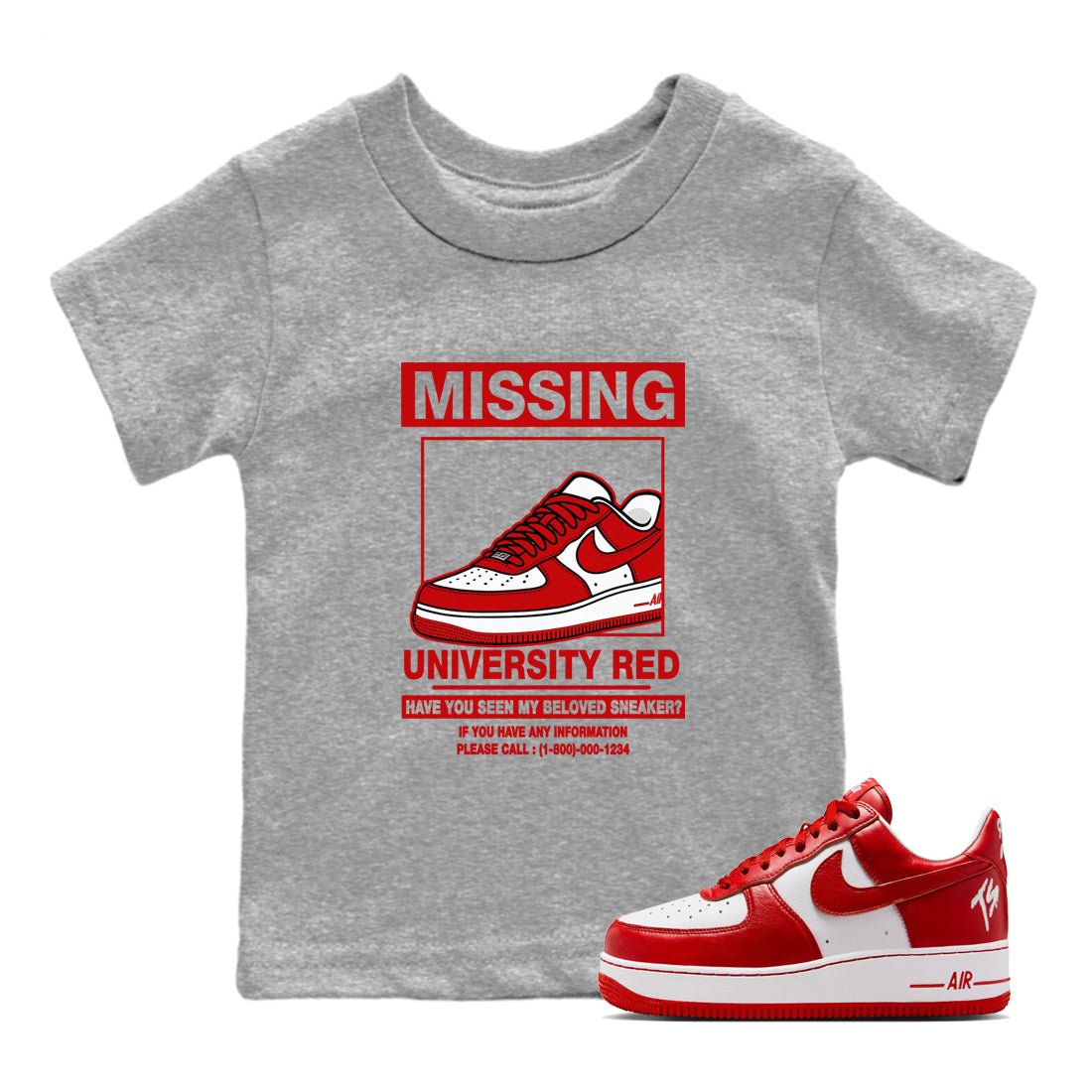 Missing Sneaker baby and kids t-shirt crafted for little sneakerheads to shine with the Air Force 1 University Red sneakers, displayed in Heather Grey 1.