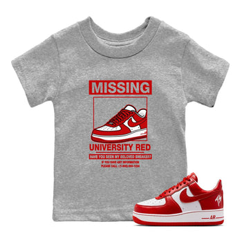 Missing Sneaker baby and kids t-shirt crafted for little sneakerheads to shine with the Air Force 1 University Red sneakers, displayed in Heather Grey 1.