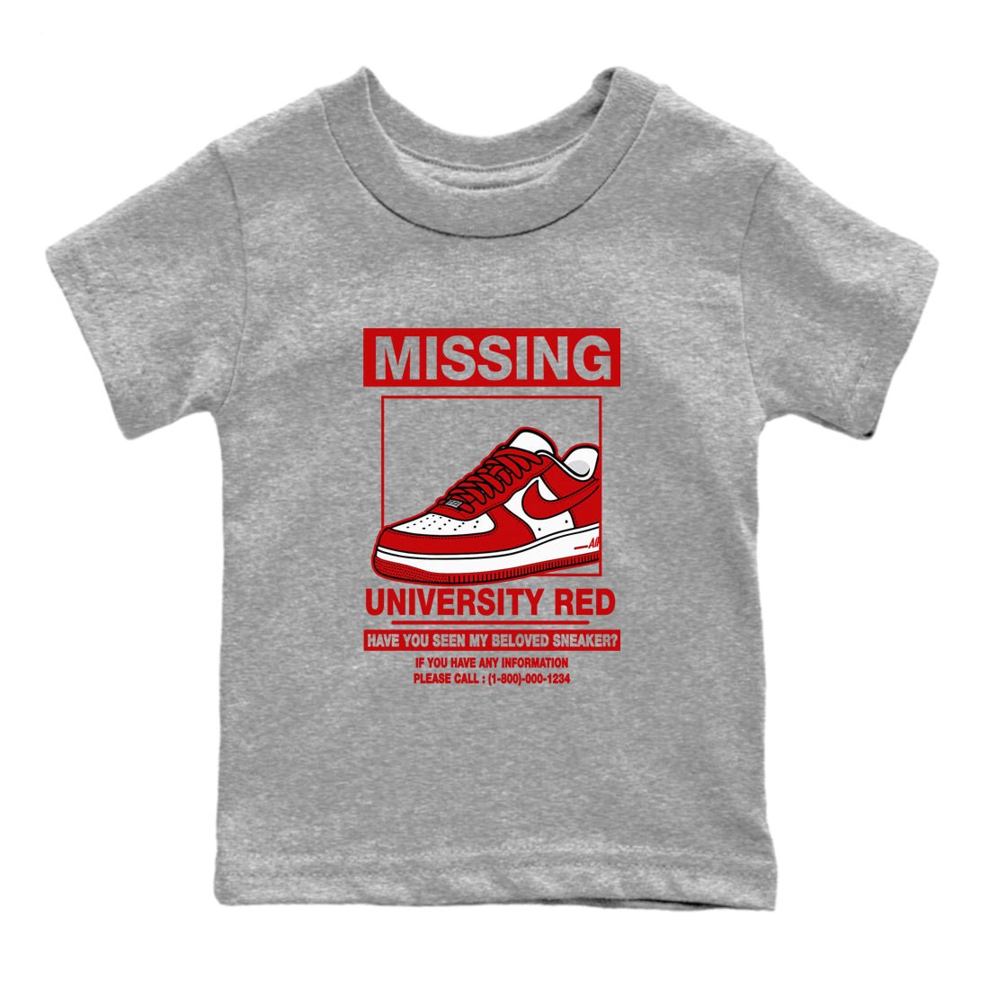 Missing Sneaker baby and kids t-shirt crafted for little sneakerheads to shine with the Air Force 1 University Red sneakers, displayed in Heather Grey 2.