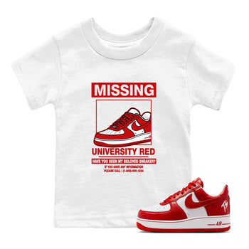 Missing Sneaker baby and kids t-shirt crafted for little sneakerheads to shine with the Air Force 1 University Red sneakers, displayed in White 1.