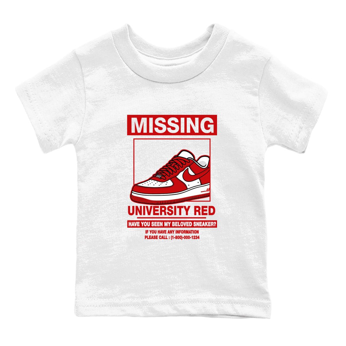 Missing Sneaker baby and kids t-shirt crafted for little sneakerheads to shine with the Air Force 1 University Red sneakers, displayed in White 2.