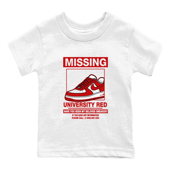 Missing Sneaker baby and kids t-shirt crafted for little sneakerheads to shine with the Air Force 1 University Red sneakers, displayed in White 2.