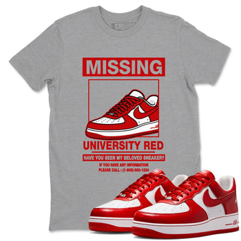 Missing Sneaker sneaker match t-shirt styled to complete your fit with the Air Force 1 University Red sneakers, shown in Heather Grey 1.