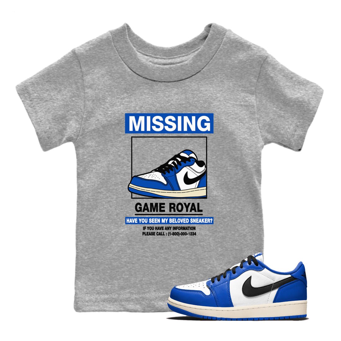 1s Game Royal shirts to match jordans Missing Sneaker sneaker match tees Air Jordan 1 Retro Low OG Game Royal match shoes to clothes SNRT Sneaker Tees Youth Baby Heather Grey 1 tee