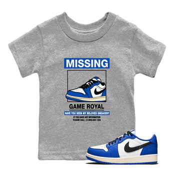 1s Game Royal shirts to match jordans Missing Sneaker sneaker match tees Air Jordan 1 Retro Low OG Game Royal match shoes to clothes SNRT Sneaker Tees Youth Baby Heather Grey 1 tee