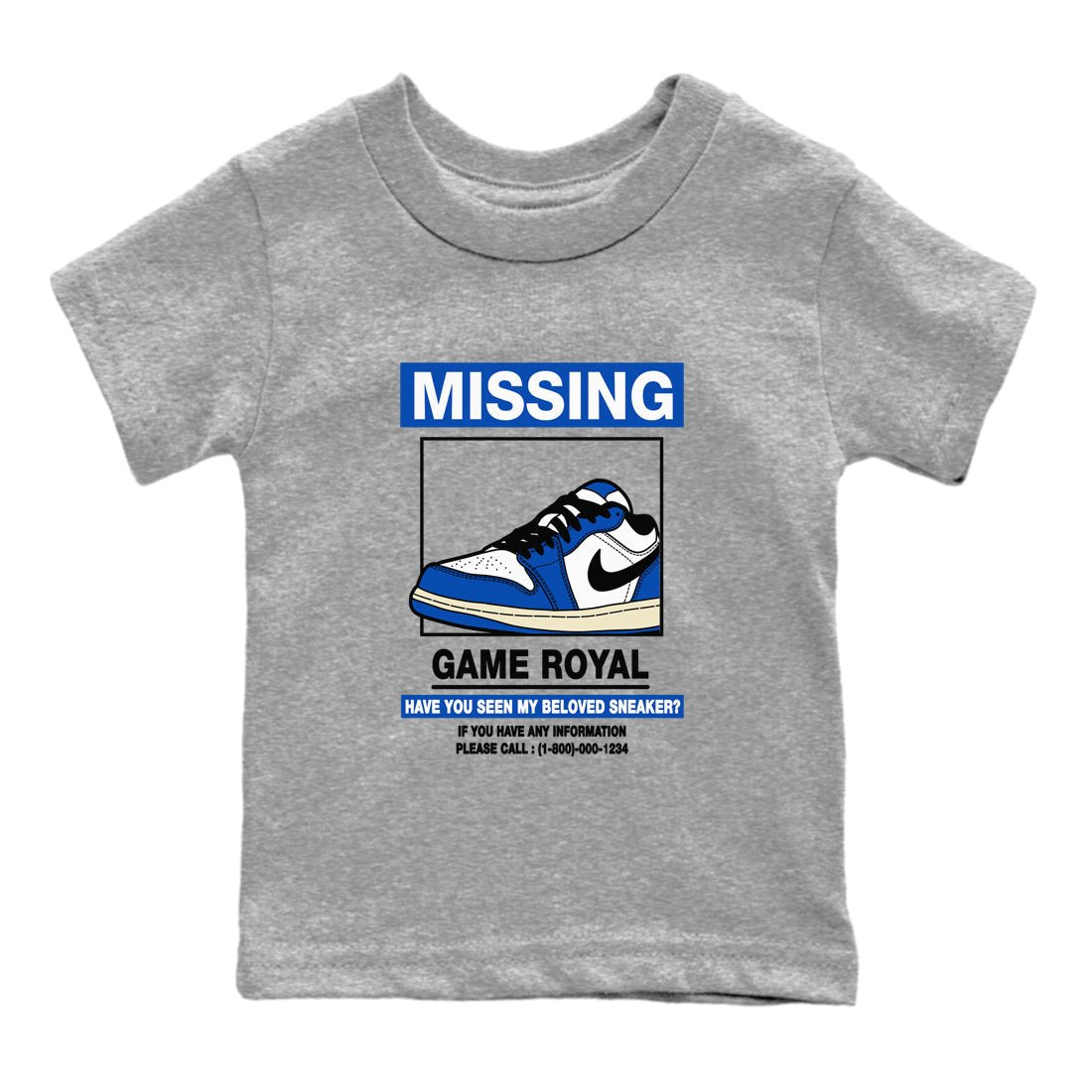 1s Game Royal shirts to match jordans Missing Sneaker sneaker match tees Air Jordan 1 Retro Low OG Game Royal match shoes to clothes SNRT Sneaker Tees Youth Baby Heather Grey 2 tee